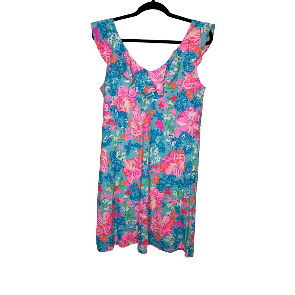 Lilly Pulitzer Alessa Dress Floral Luscious Lions Pima Cotton Ruffle V-Neck M
